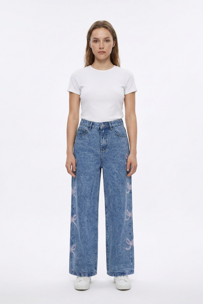 Women's High Waist Vintage Side Bow Wide Leg Jeans