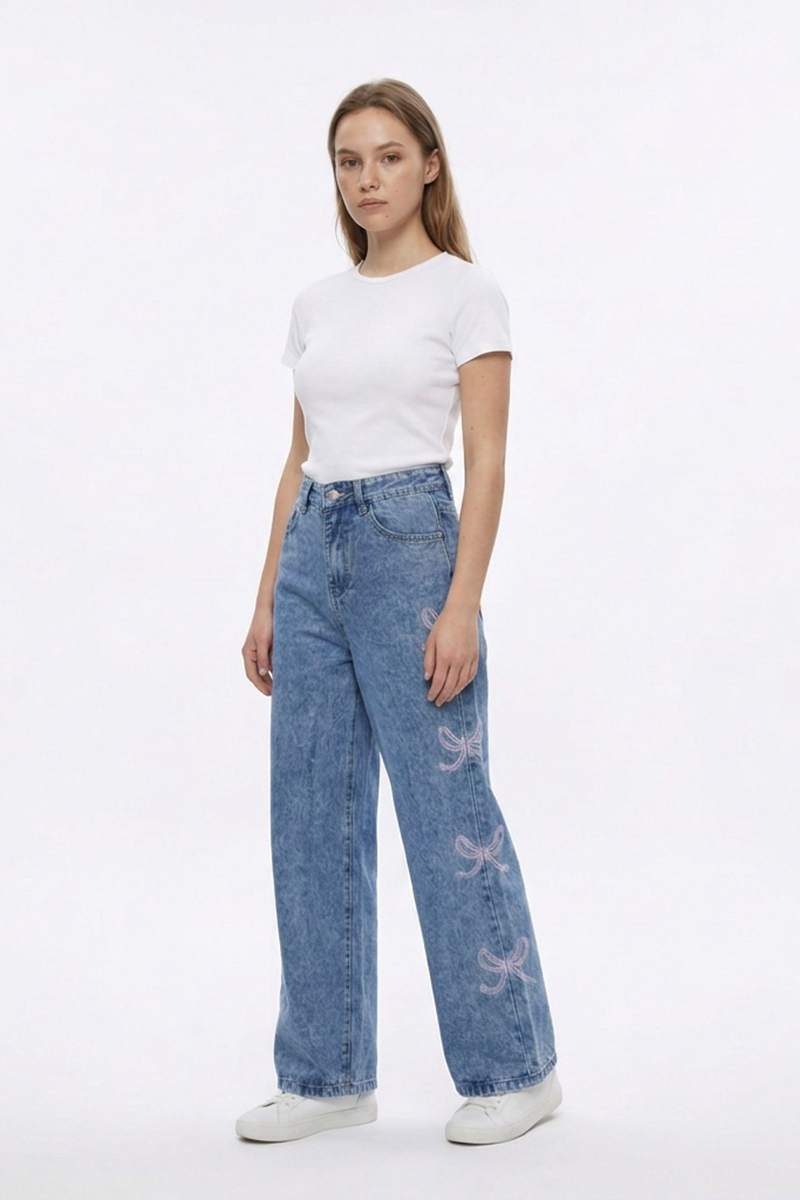 Women's High Waist Vintage Side Bow Wide Leg Jeans