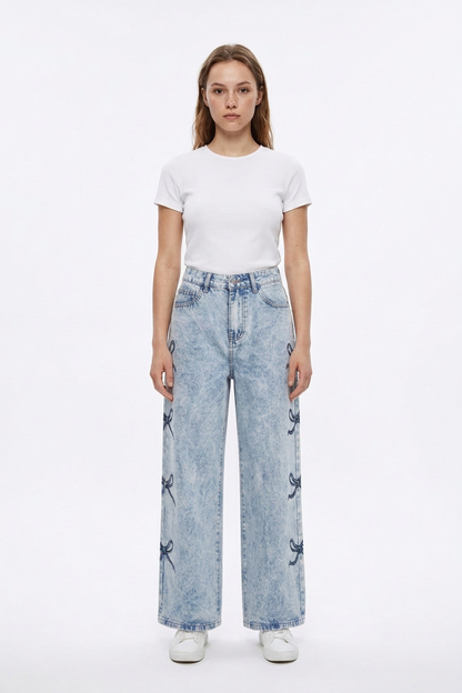 Women's High Waist Vintage Side Bow Wide Leg Jeans