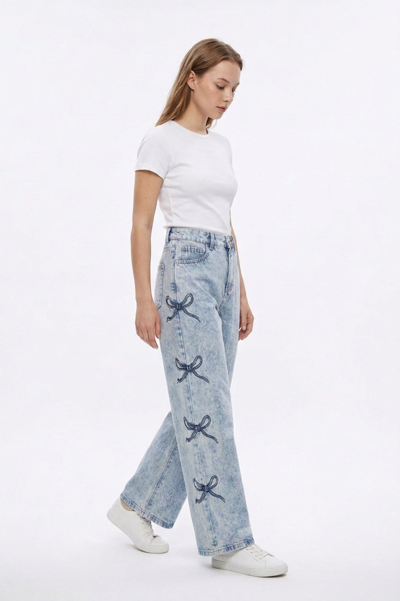 Women's High Waist Vintage Side Bow Wide Leg Jeans