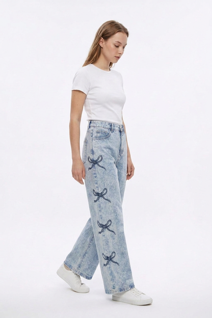 Women's High Waist Vintage Side Bow Wide Leg Jeans