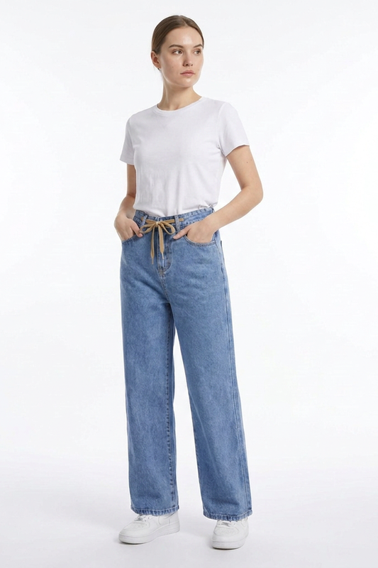 Women's Drawstring High Waist Relaxed Straight Leg Jeans