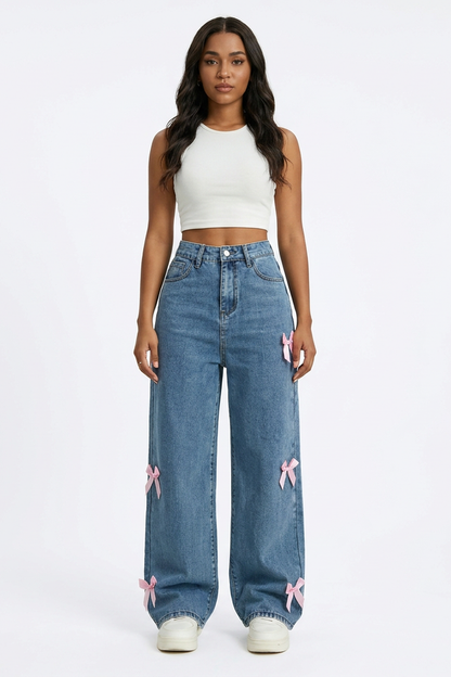 Women's High Waist Side Bow Detail Wide Leg Jeans
