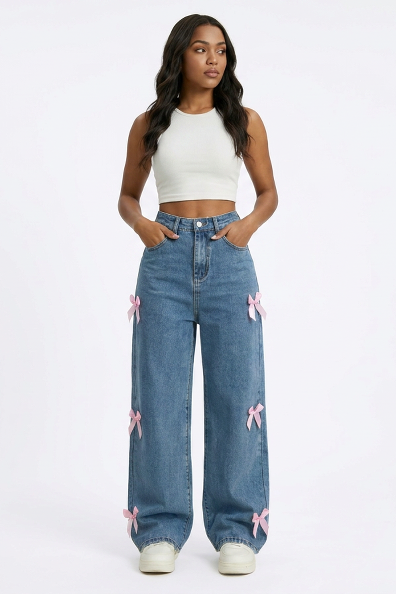 Women's High Waist Side Bow Detail Wide Leg Jeans
