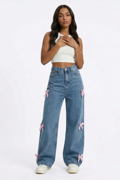 Women's High Waist Side Bow Detail Wide Leg Jeans