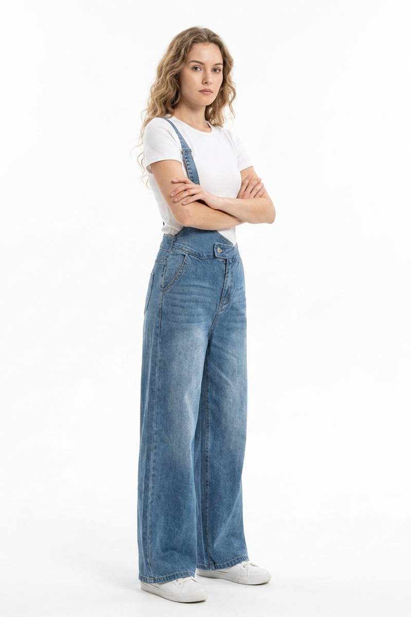 Women's Relaxed Fit One-Strap Wide Leg Denim Overalls