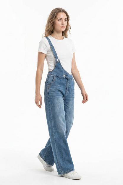 Women's Relaxed Fit One-Strap Wide Leg Denim Overalls