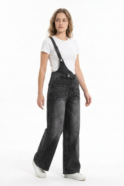 Women's Relaxed Fit One-Strap Wide Leg Denim Overalls