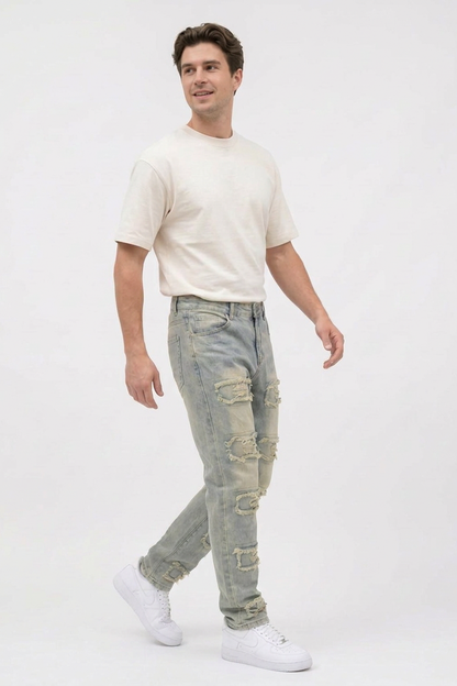 Men's Multi-Panel Frayed Slim Straight Leg Jeans
