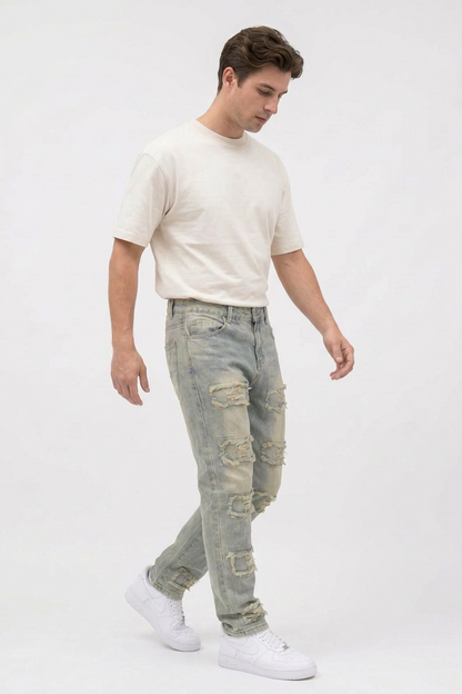Men's Multi-Panel Frayed Slim Straight Leg Jeans