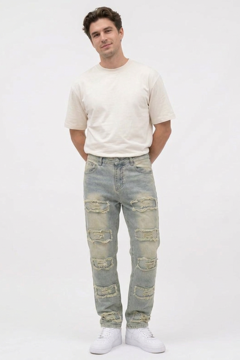 Men's Multi-Panel Frayed Slim Straight Leg Jeans