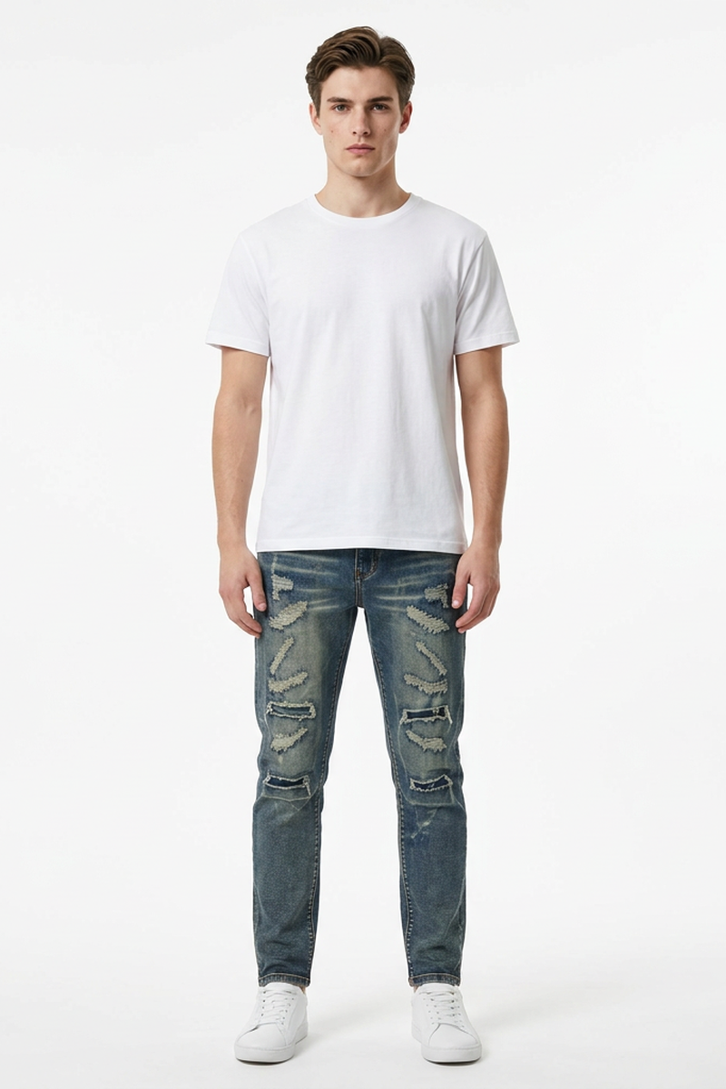 Men's Heavy Distressed Slim Fit Ripped Jeans
