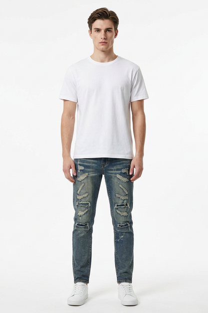 Men's Heavy Distressed Slim Fit Ripped Jeans