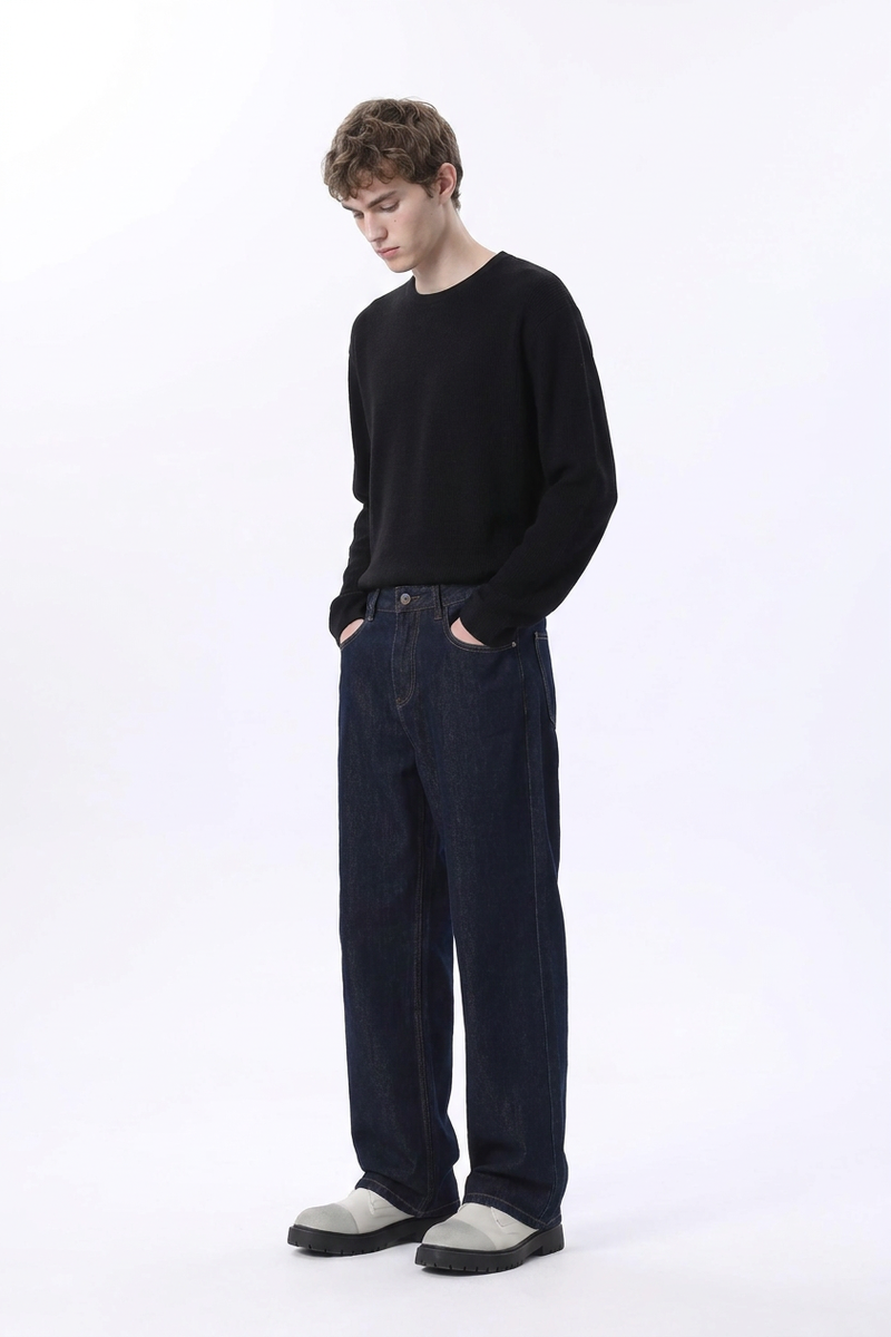 Men's Raw Denim Blue Relaxed Straight Leg Jeans
