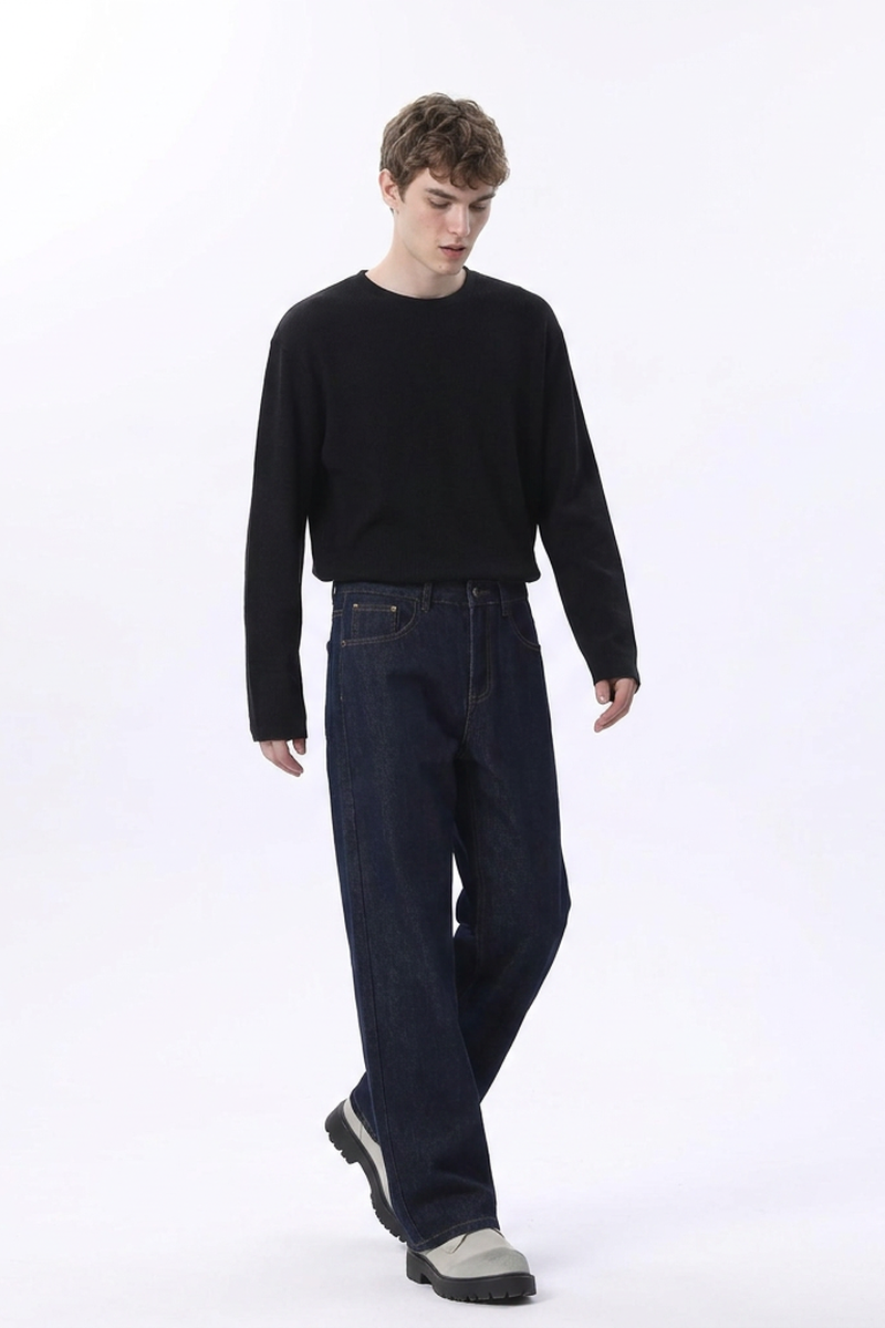 Men's Raw Denim Blue Relaxed Straight Leg Jeans