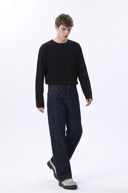 Men's Raw Denim Blue Relaxed Straight Leg Jeans