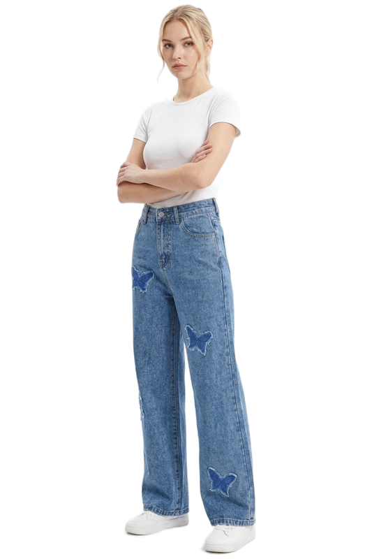 Women's Vintage Wash Butterfly Appliqué Wide-Leg Jeans