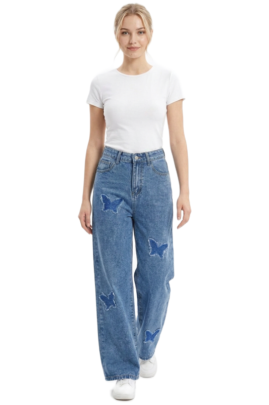 Women's Vintage Wash Butterfly Appliqué Wide-Leg Jeans
