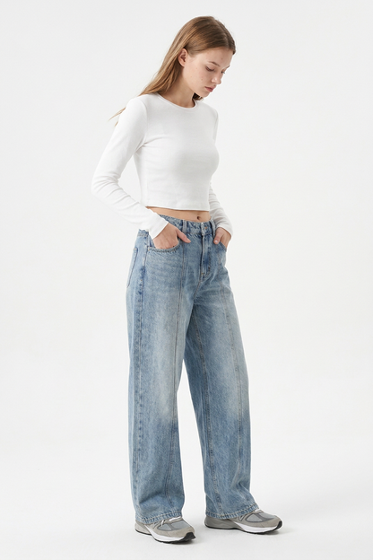Women's Vintage Wash Paneled Wide-Leg Jeans