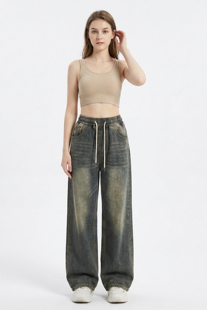 Women's Vintage Wash Drawstring Wide-Leg Jeans