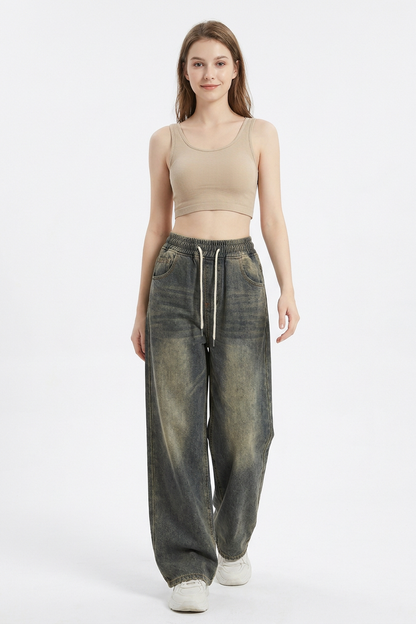 Women's Vintage Wash Drawstring Wide-Leg Jeans