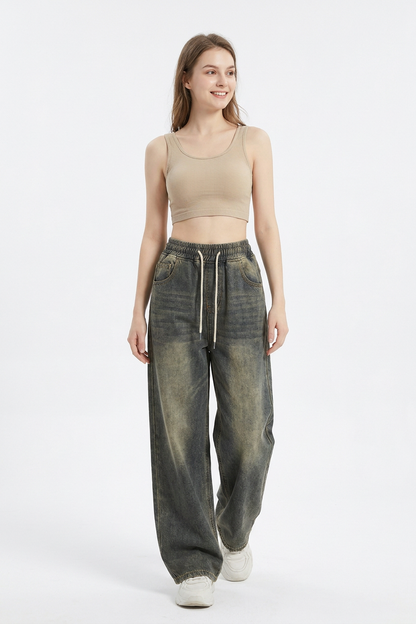 Women's Vintage Wash Drawstring Wide-Leg Jeans