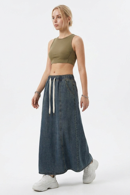 Women's Vintage Wash Drawstring Denim Maxi Skirt