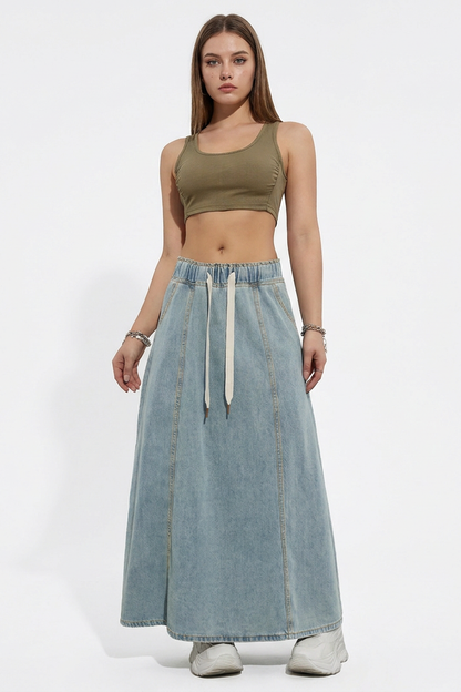 Women's Relaxed Drawstring Denim Maxi Skirt