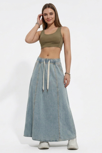 Women's Relaxed Drawstring Denim Maxi Skirt