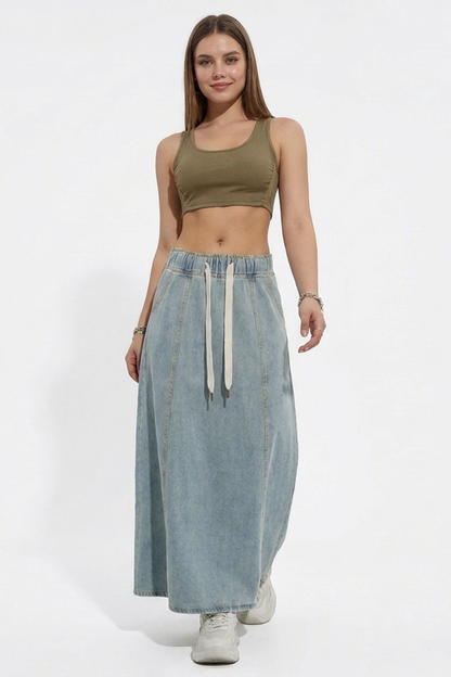 Women's Relaxed Drawstring Denim Maxi Skirt