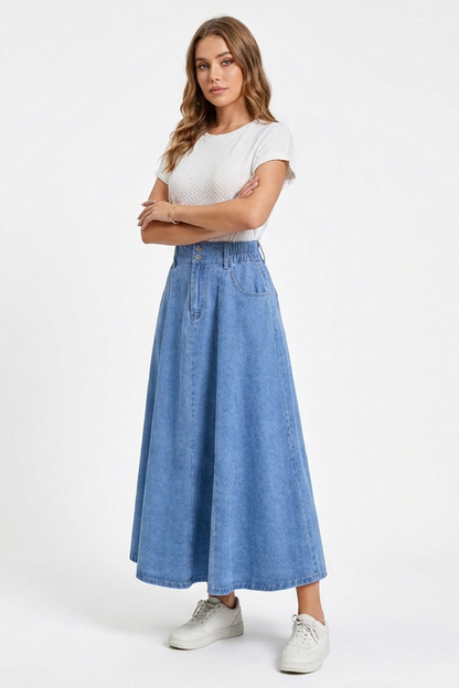 Women's High-Waisted Drawstring Denim Midi Skirt