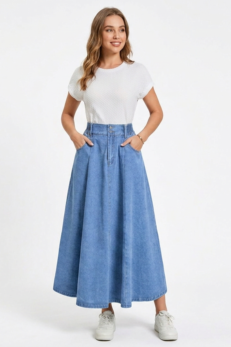 Women's High-Waisted Drawstring Denim Midi Skirt