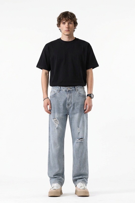 Men's Vintage Wash Ripped Relaxed Fit Straight-Leg Jeans