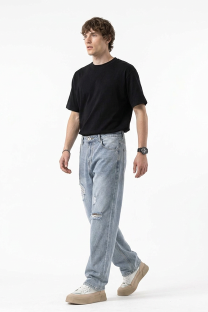 Men's Vintage Wash Ripped Relaxed Fit Straight-Leg Jeans