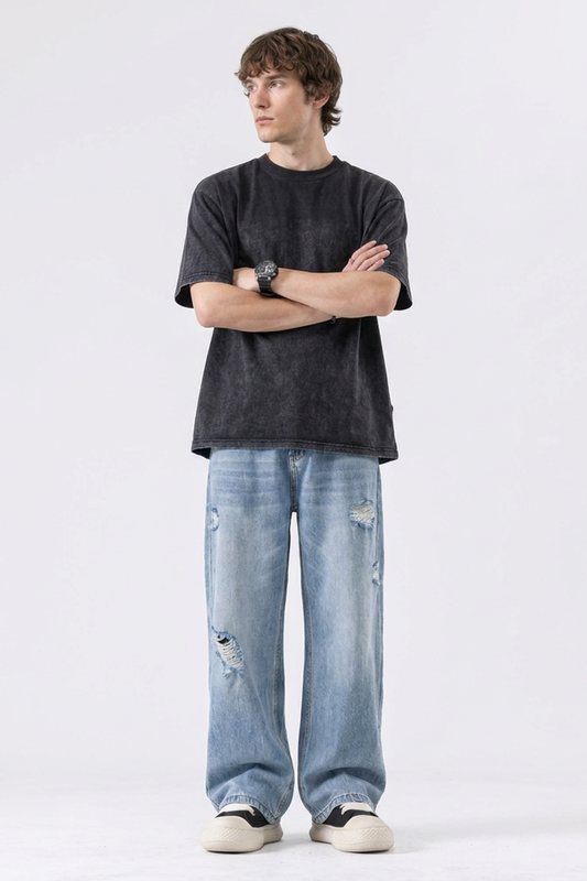 Men's Light Blue Distressed Ripped Wide-Leg Jeans