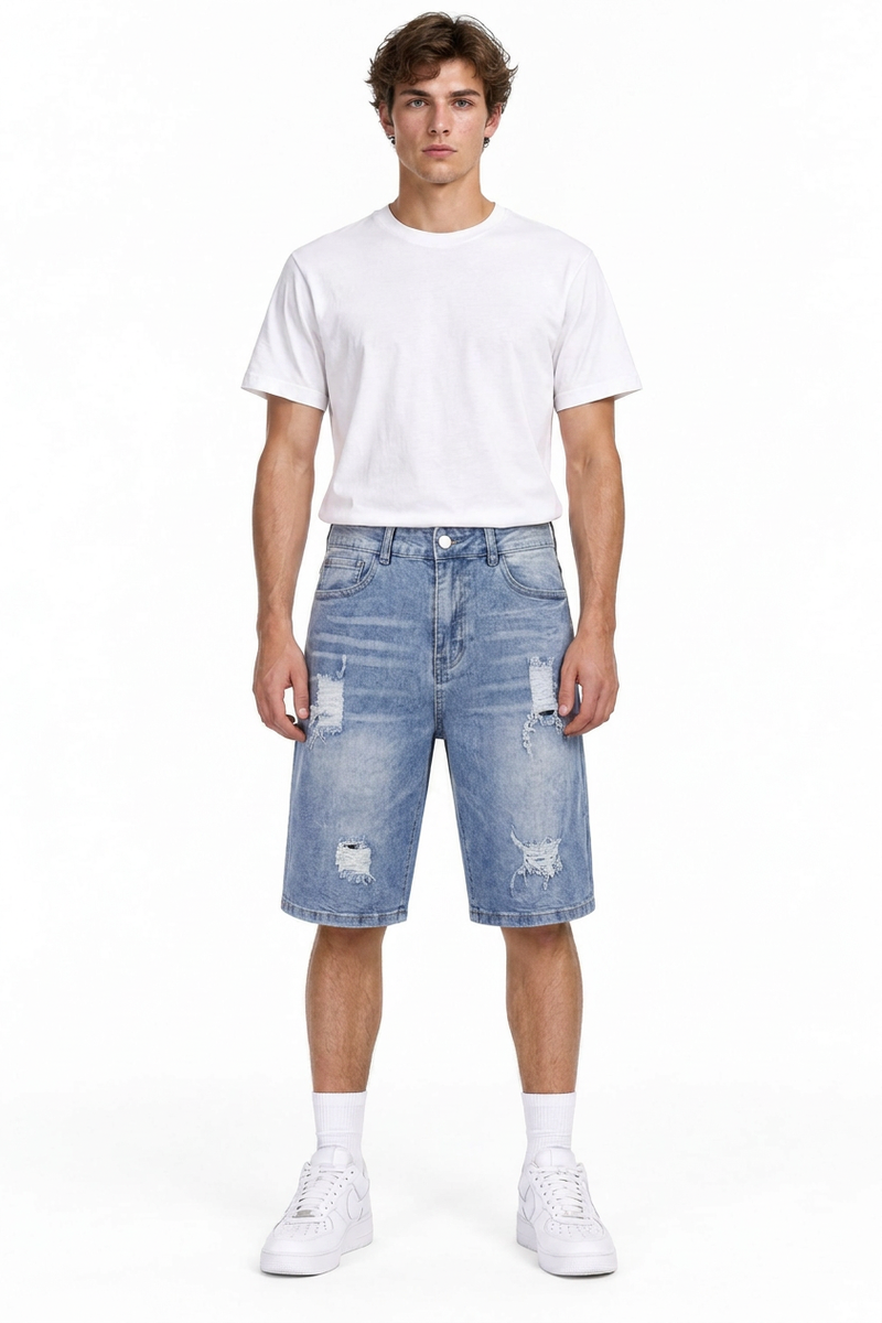 Men's Vintage Wash Ripped Denim Shorts
