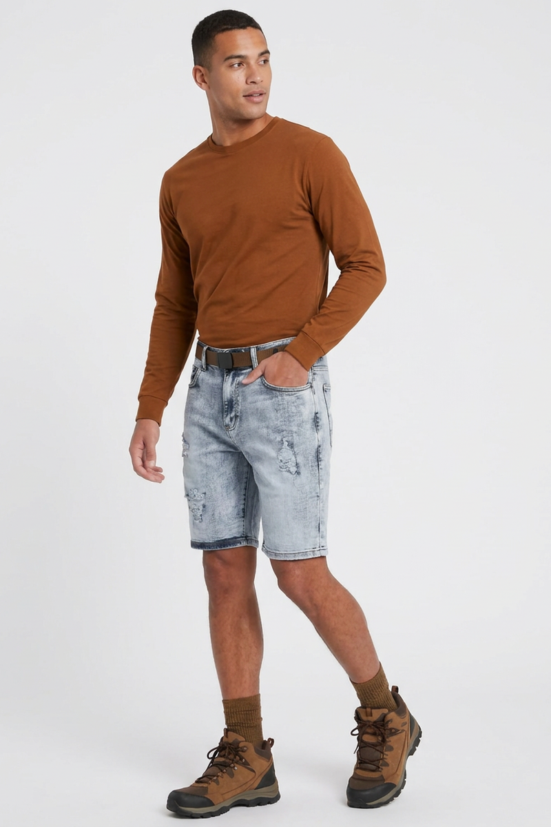 Men's Light Blue Ripped Wash Denim Shorts