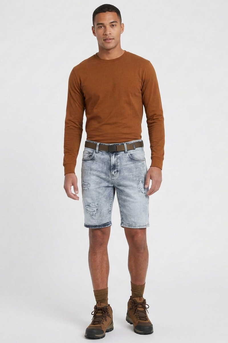 Men's Light Blue Ripped Wash Denim Shorts