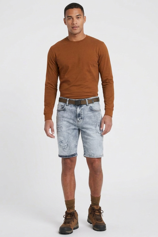 Men's Light Blue Ripped Wash Denim Shorts
