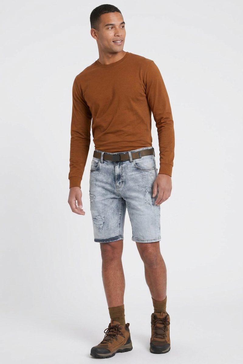Men's Light Blue Ripped Wash Denim Shorts