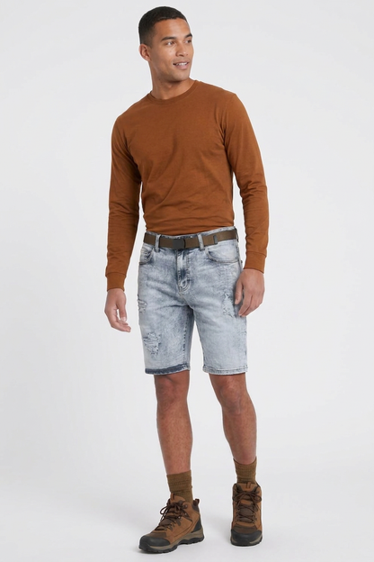 Men's Light Blue Ripped Wash Denim Shorts