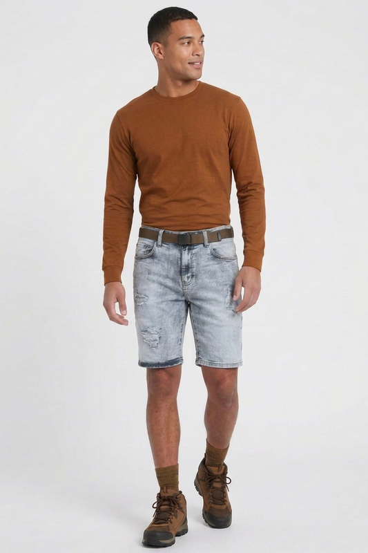 Men's Light Blue Ripped Wash Denim Shorts