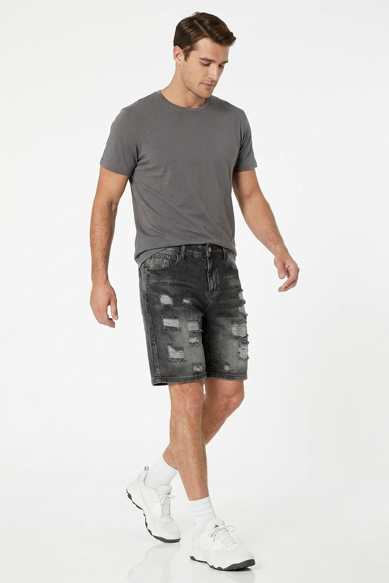 Men's Vintage Black Distressed Ripped Denim Shorts