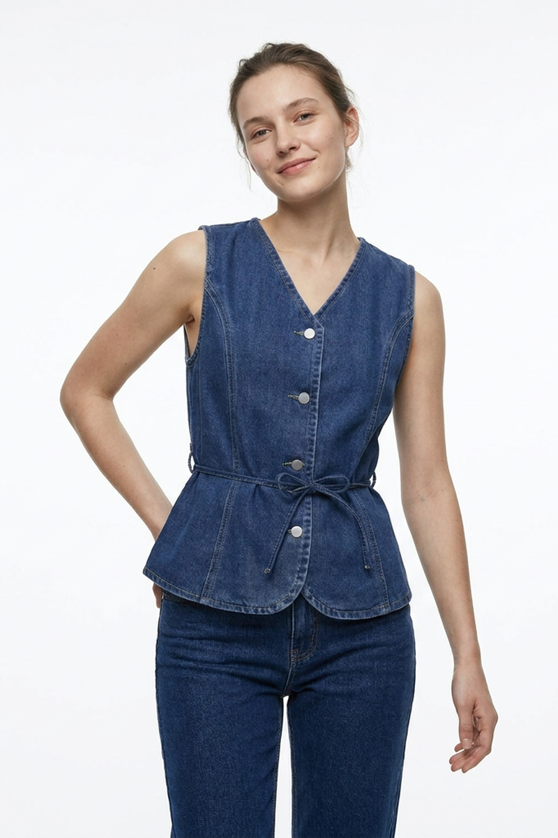 Women's Blue V-Neck Button-Front Denim Waistcoat