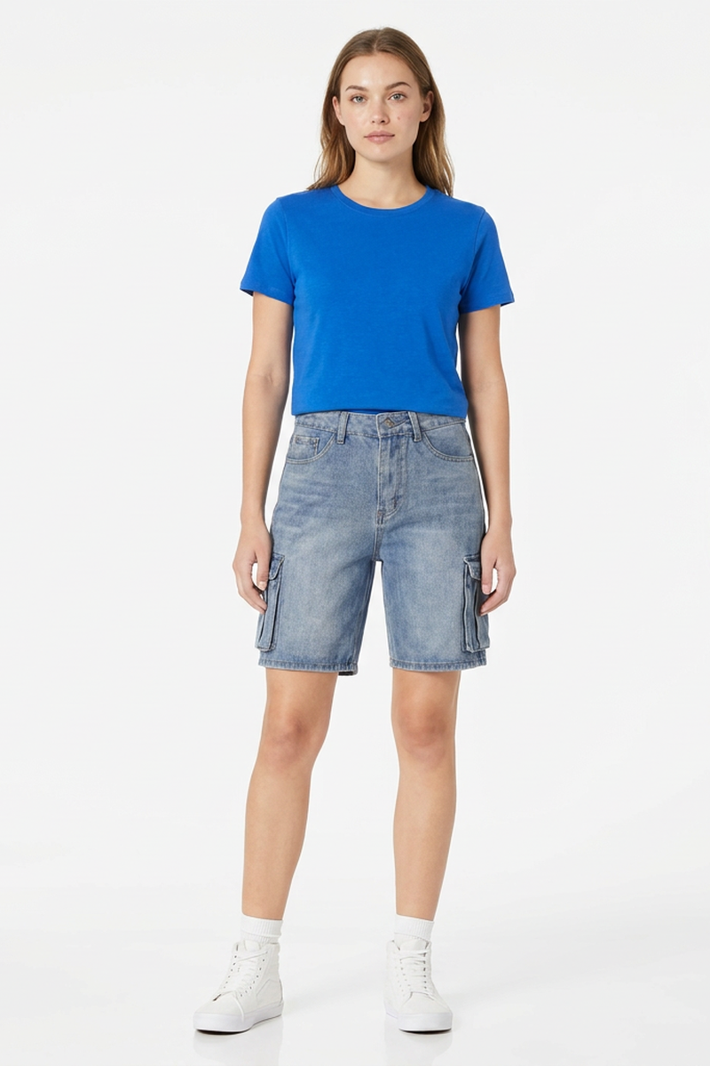 Women's Relaxed Fit High-Waisted Cargo Denim Shorts