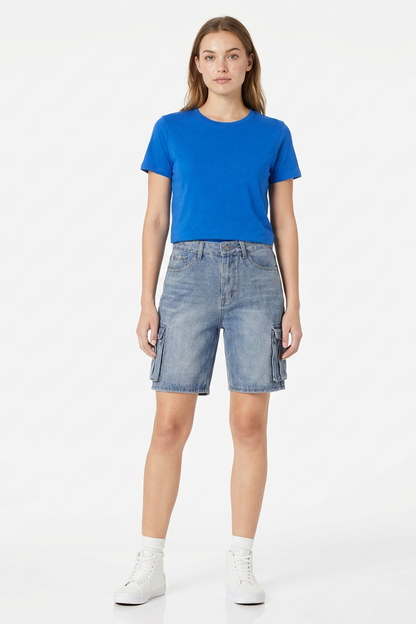 Women's Relaxed Fit High-Waisted Cargo Denim Shorts