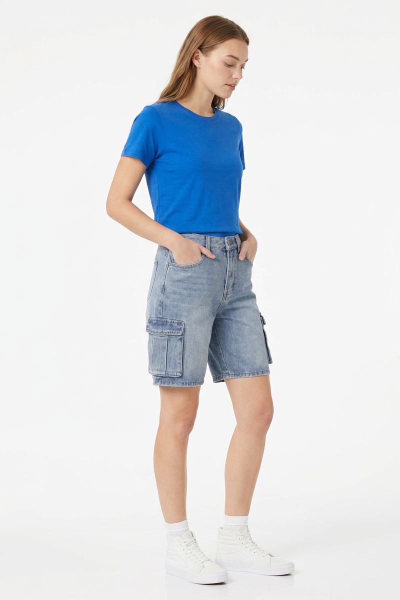 Women's Relaxed Fit High-Waisted Cargo Denim Shorts
