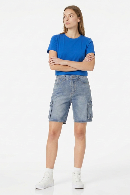 Women's Relaxed Fit High-Waisted Cargo Denim Shorts