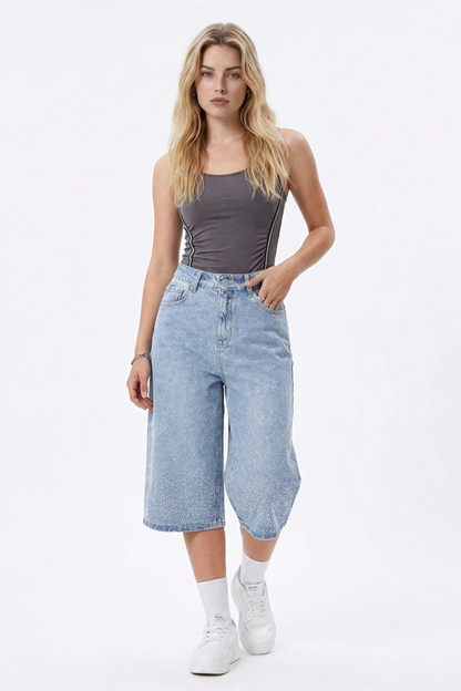 Women's High-Waisted Rhinestone DetailWide-Leg Denim Shorts