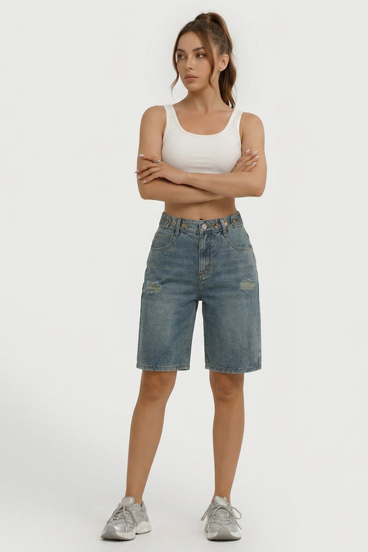 Women's Distressed High-Waisted Knee-Length Denim Shorts